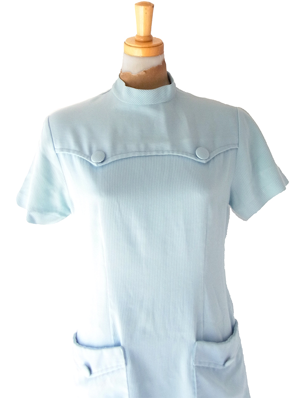 【送料無料】70年代フランス製 パステルブルー ヨーク切替 フラップポケット ワンピース 26FC113【ヨーロッパ古着】