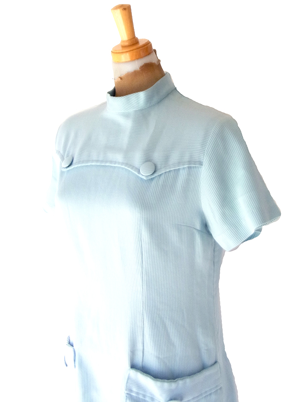 【送料無料】70年代フランス製 パステルブルー ヨーク切替 フラップポケット ワンピース 26FC113【ヨーロッパ古着】