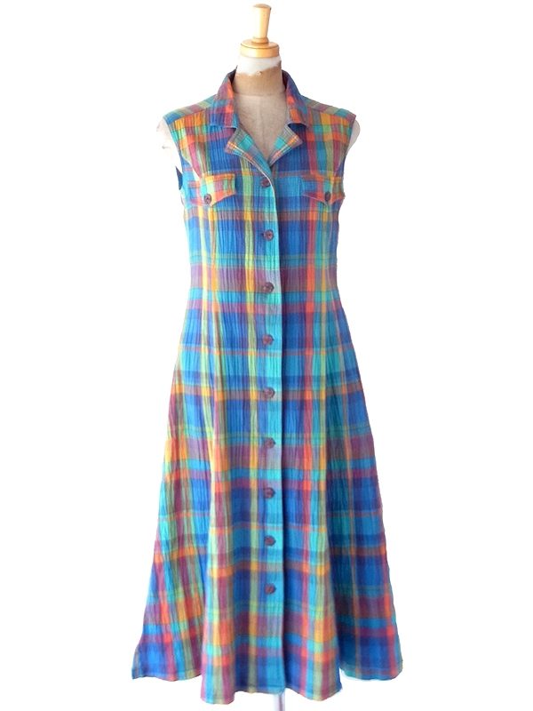 【送料無料】フランス買付け 60年代製 マルチカラー マドラスチェック X サッカー生地 ワンピース 26FC114【ヨーロッパ古着】
