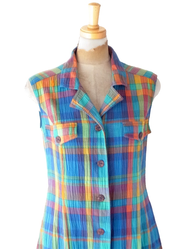 【送料無料】フランス買付け 60年代製 マルチカラー マドラスチェック X サッカー生地 ワンピース 26FC114【ヨーロッパ古着】