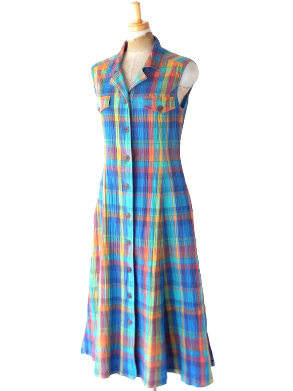 【送料無料】フランス買付け 60年代製 マルチカラー マドラスチェック X サッカー生地 ワンピース 26FC114【ヨーロッパ古着】