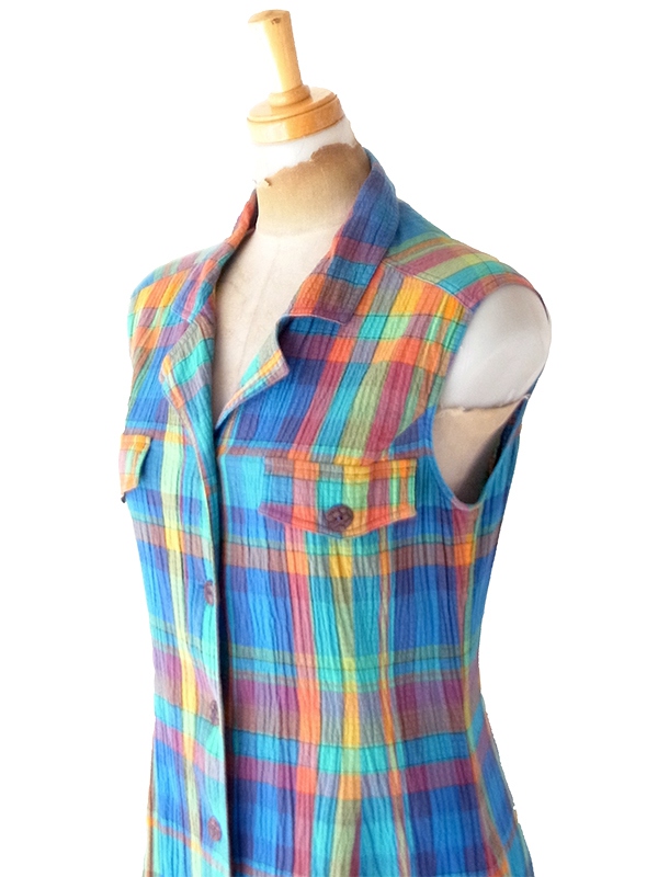 【送料無料】フランス買付け 60年代製 マルチカラー マドラスチェック X サッカー生地 ワンピース 26FC114【ヨーロッパ古着】