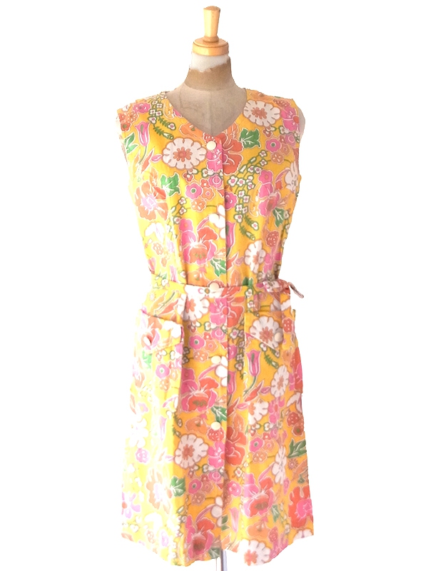 【送料無料】フランス買付け 60年代製 イエロー× カラフルなサイケ花柄 フラップポケット ワンピース 26FC116【ヨーロッパ古着】