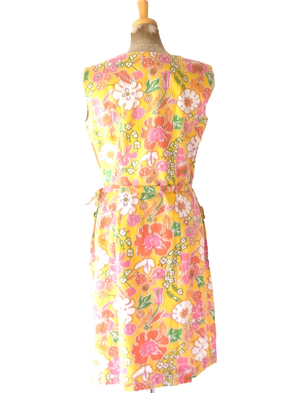 【送料無料】フランス買付け 60年代製 イエロー× カラフルなサイケ花柄 フラップポケット ワンピース 26FC116【ヨーロッパ古着】