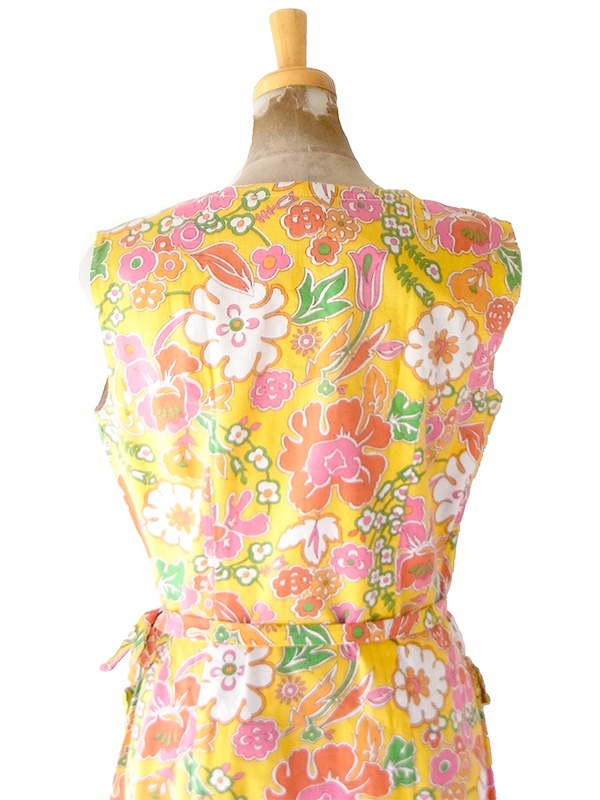 【送料無料】フランス買付け 60年代製 イエロー× カラフルなサイケ花柄 フラップポケット ワンピース 26FC116【ヨーロッパ古着】
