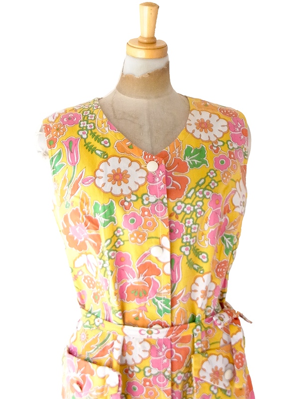 【送料無料】フランス買付け 60年代製 イエロー× カラフルなサイケ花柄 フラップポケット ワンピース 26FC116【ヨーロッパ古着】