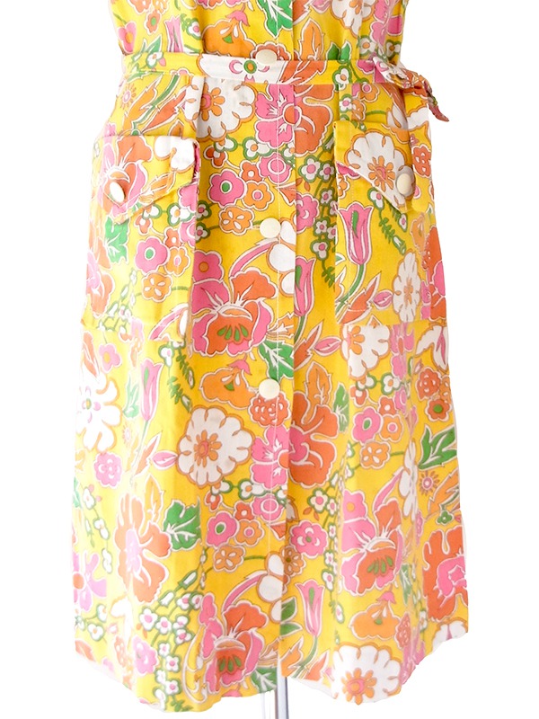 【送料無料】フランス買付け 60年代製 イエロー× カラフルなサイケ花柄 フラップポケット ワンピース 26FC116【ヨーロッパ古着】
