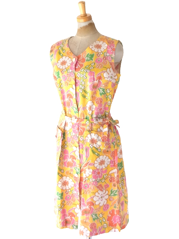 【送料無料】フランス買付け 60年代製 イエロー× カラフルなサイケ花柄 フラップポケット ワンピース 26FC116【ヨーロッパ古着】
