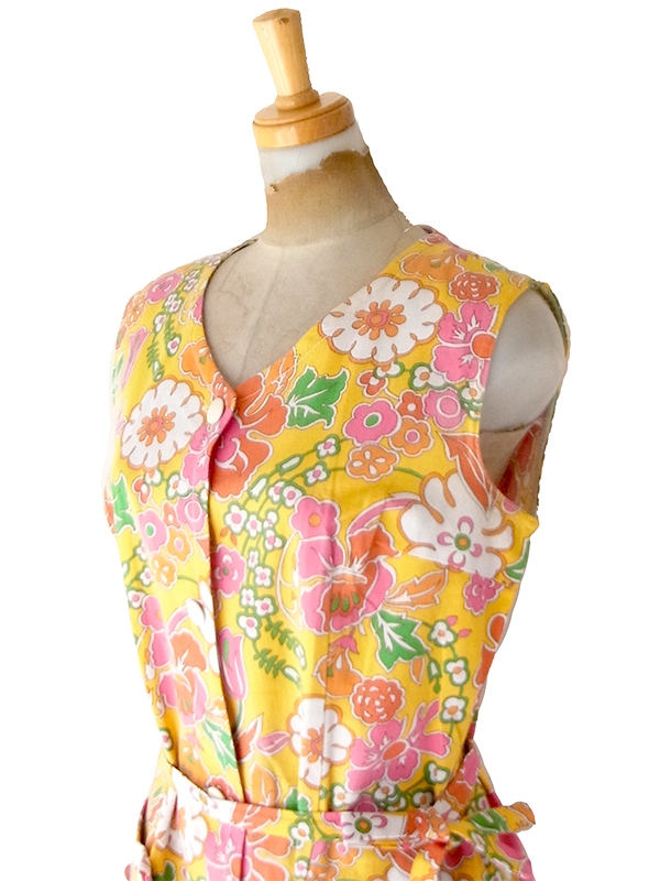 【送料無料】フランス買付け 60年代製 イエロー× カラフルなサイケ花柄 フラップポケット ワンピース 26FC116【ヨーロッパ古着】