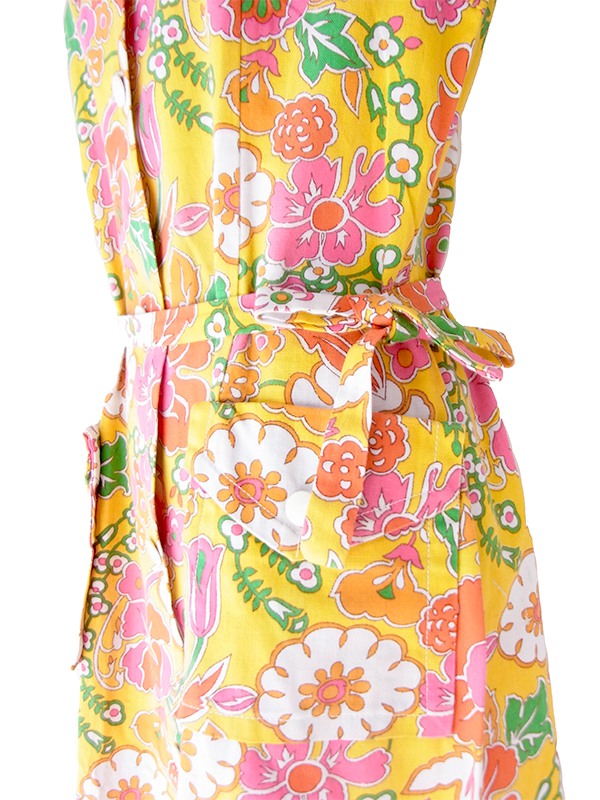 【送料無料】フランス買付け 60年代製 イエロー× カラフルなサイケ花柄 フラップポケット ワンピース 26FC116【ヨーロッパ古着】