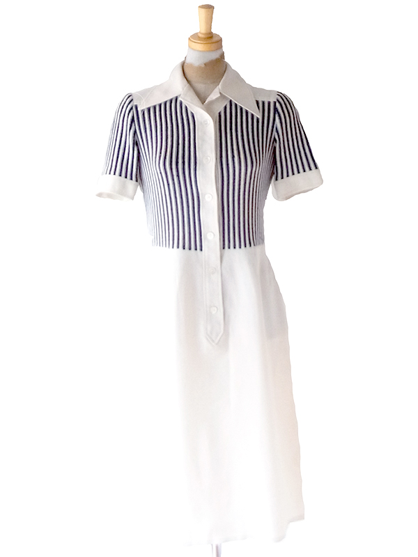 【送料無料】70年代フランス製 CAROLINE ROHMER オフホワイト X ネイビー ストライプ ワンピース 26FC119【ヨーロッパ古着】