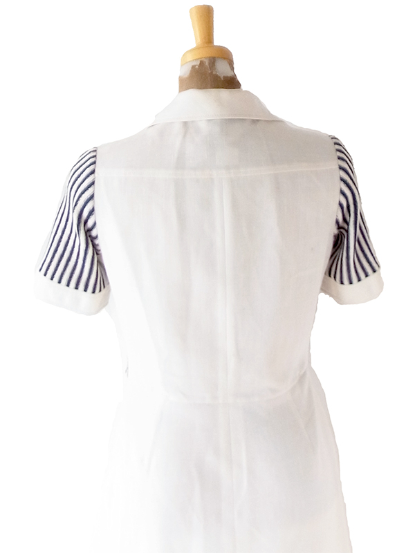 【送料無料】70年代フランス製 CAROLINE ROHMER オフホワイト X ネイビー ストライプ ワンピース 26FC119【ヨーロッパ古着】