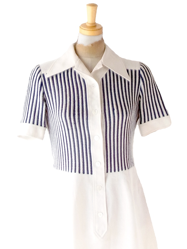 【送料無料】70年代フランス製 CAROLINE ROHMER オフホワイト X ネイビー ストライプ ワンピース 26FC119【ヨーロッパ古着】