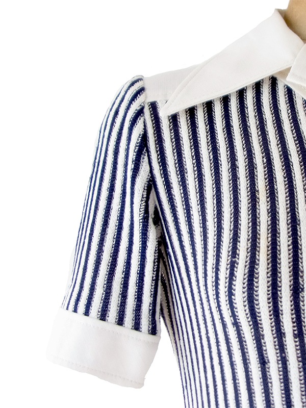 【送料無料】70年代フランス製 CAROLINE ROHMER オフホワイト X ネイビー ストライプ ワンピース 26FC119【ヨーロッパ古着】