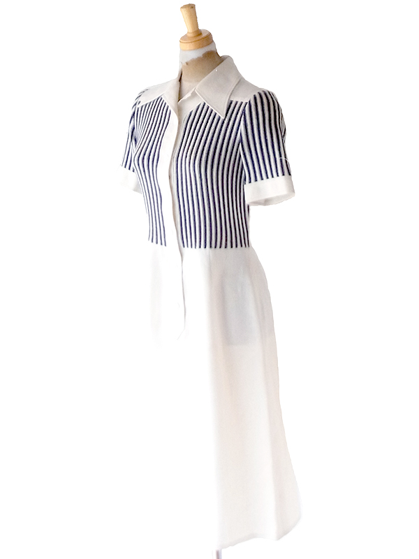 【送料無料】70年代フランス製 CAROLINE ROHMER オフホワイト X ネイビー ストライプ ワンピース 26FC119【ヨーロッパ古着】