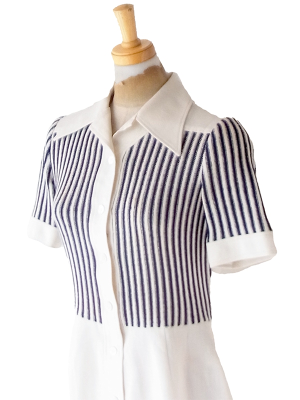 【送料無料】70年代フランス製 CAROLINE ROHMER オフホワイト X ネイビー ストライプ ワンピース 26FC119【ヨーロッパ古着】
