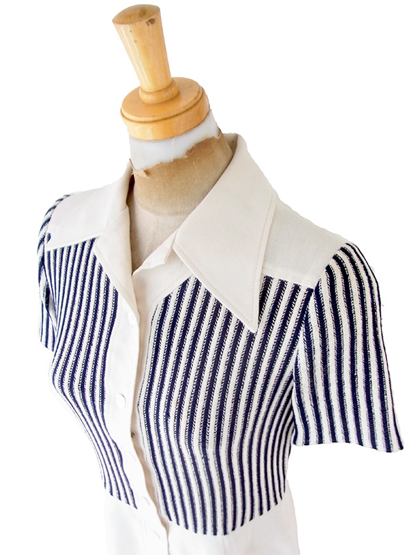 【送料無料】70年代フランス製 CAROLINE ROHMER オフホワイト X ネイビー ストライプ ワンピース 26FC119【ヨーロッパ古着】