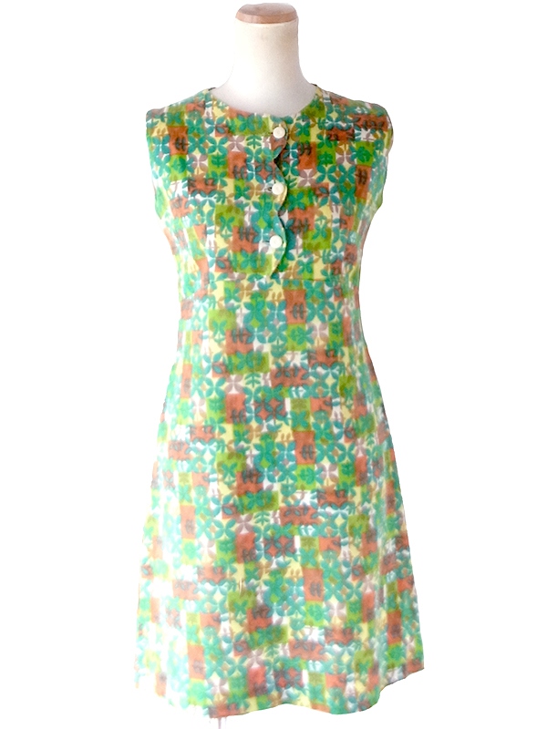 【送料無料】フランス買付け 60年代製 ビタミンカラー リーフ模様 X スカラップフロント ワンピース 26FC120【ヨーロッパ古着】