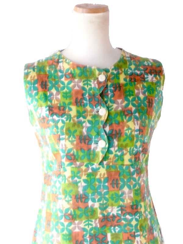 【送料無料】フランス買付け 60年代製 ビタミンカラー リーフ模様 X スカラップフロント ワンピース 26FC120【ヨーロッパ古着】
