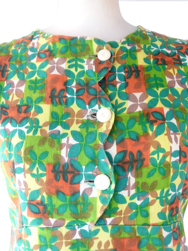 【送料無料】フランス買付け 60年代製 ビタミンカラー リーフ模様 X スカラップフロント ワンピース 26FC120【ヨーロッパ古着】