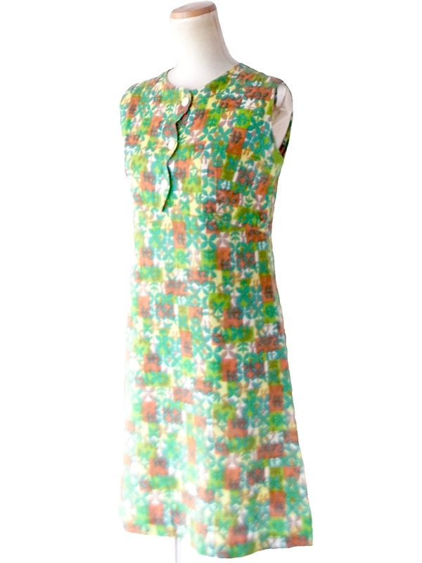 【送料無料】フランス買付け 60年代製 ビタミンカラー リーフ模様 X スカラップフロント ワンピース 26FC120【ヨーロッパ古着】
