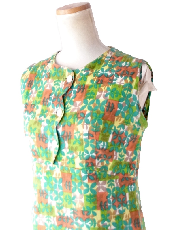 【送料無料】フランス買付け 60年代製 ビタミンカラー リーフ模様 X スカラップフロント ワンピース 26FC120【ヨーロッパ古着】