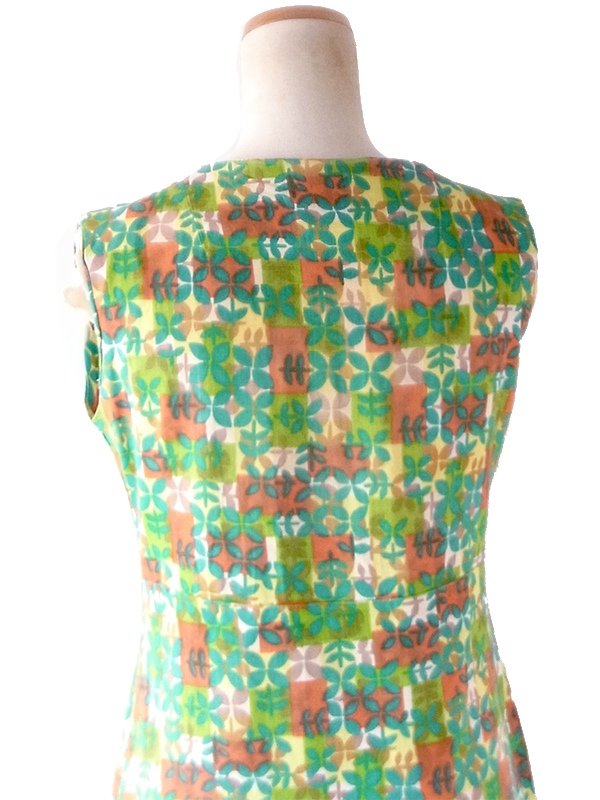【送料無料】フランス買付け 60年代製 ビタミンカラー リーフ模様 X スカラップフロント ワンピース 26FC120【ヨーロッパ古着】