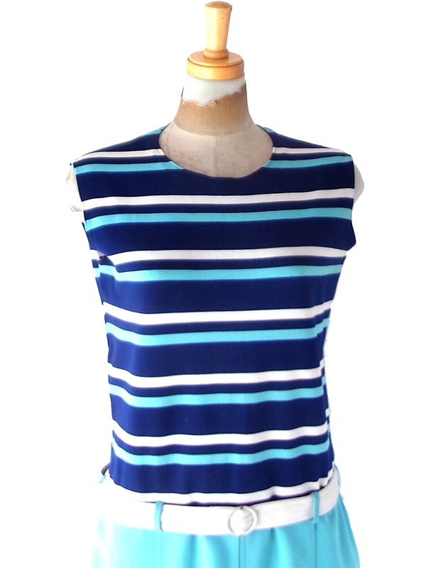 【送料無料】フランス買付け 70年代製 マリンボーダー X ベルト付き 生地切り返し ワンピース 26FC121【ヨーロッパ古着】