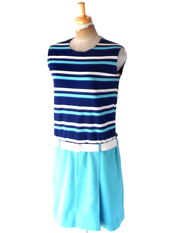 【送料無料】フランス買付け 70年代製 マリンボーダー X ベルト付き 生地切り返し ワンピース 26FC121【ヨーロッパ古着】