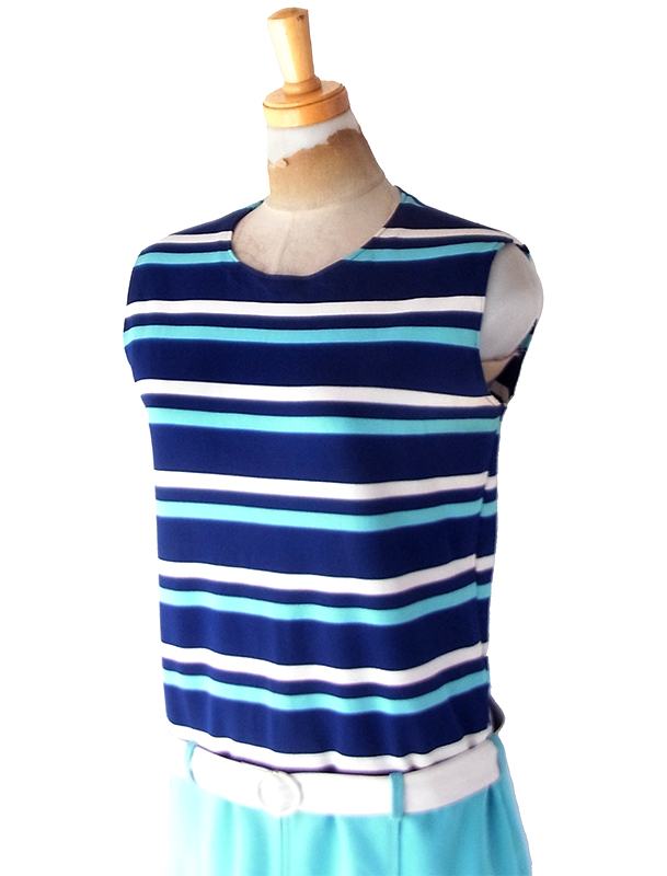 【送料無料】フランス買付け 70年代製 マリンボーダー X ベルト付き 生地切り返し ワンピース 26FC121【ヨーロッパ古着】