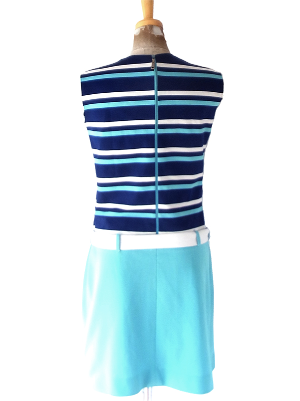 【送料無料】フランス買付け 70年代製 マリンボーダー X ベルト付き 生地切り返し ワンピース 26FC121【ヨーロッパ古着】