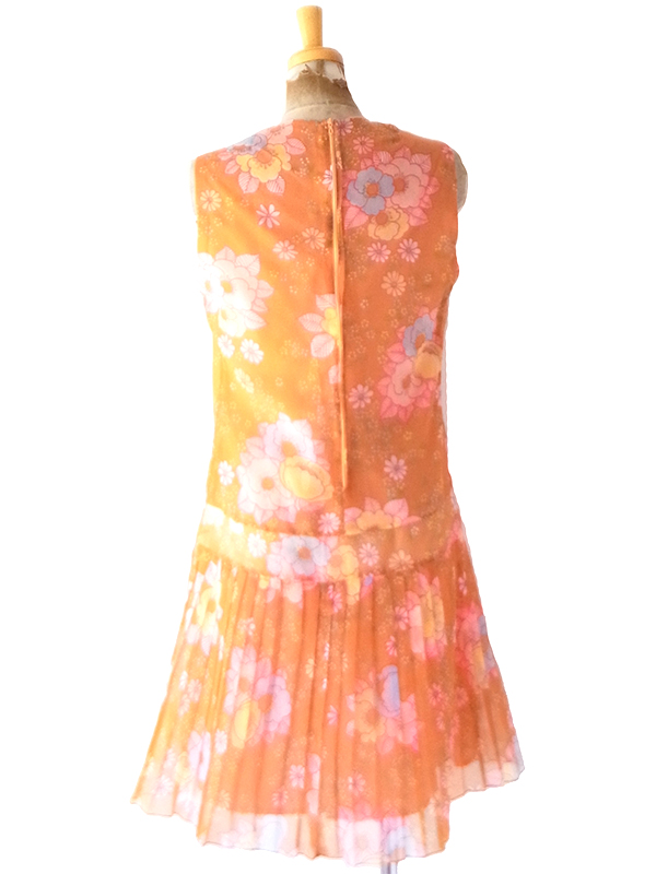 【送料無料】フランス買付け 70年代製 オレンジ X ピンク・パープル 花柄 プリーツ切り替え ワンピース 26FC200【ヨーロッパ古着】