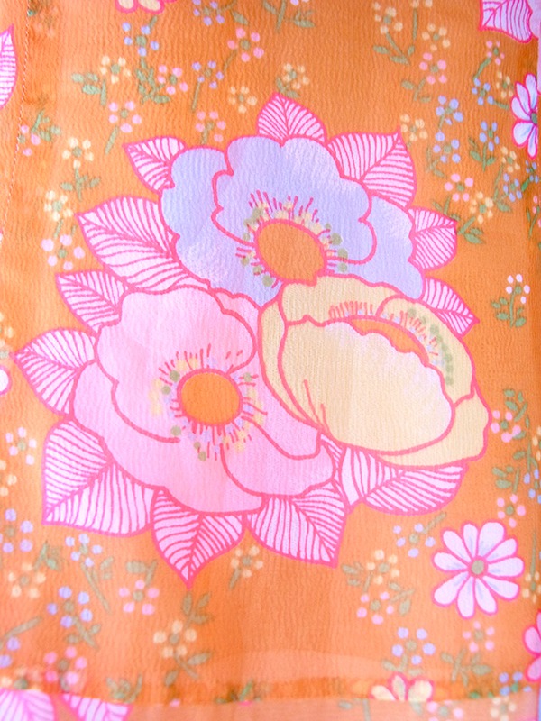 ヨ【送料無料】フランス買付け 70年代製 オレンジ X ピンク・パープル 花柄 プリーツ切り替え ワンピース 26FC200【ヨーロッパ古着】