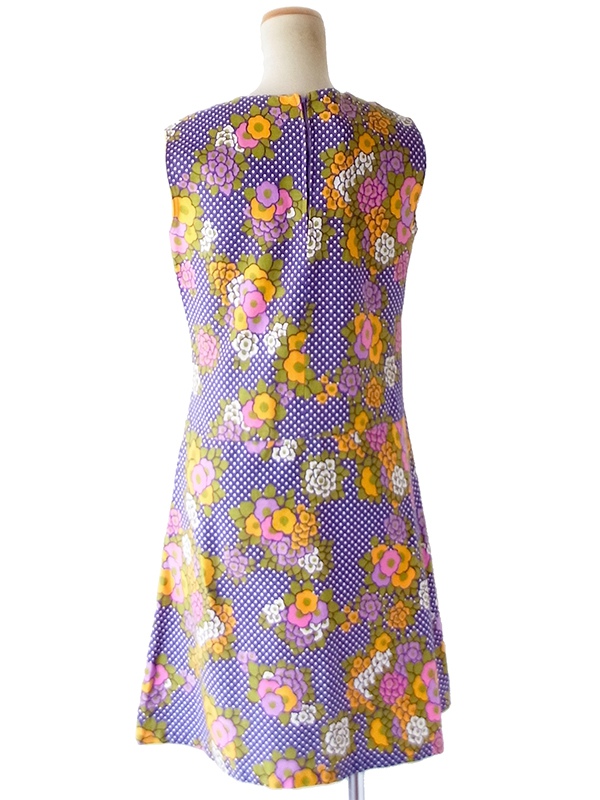 【送料無料】フランス買付け 60年代製 パープル X オレンジ 水玉・花柄 ヴィンテージ ワンピース【ヨーロッパ古着】