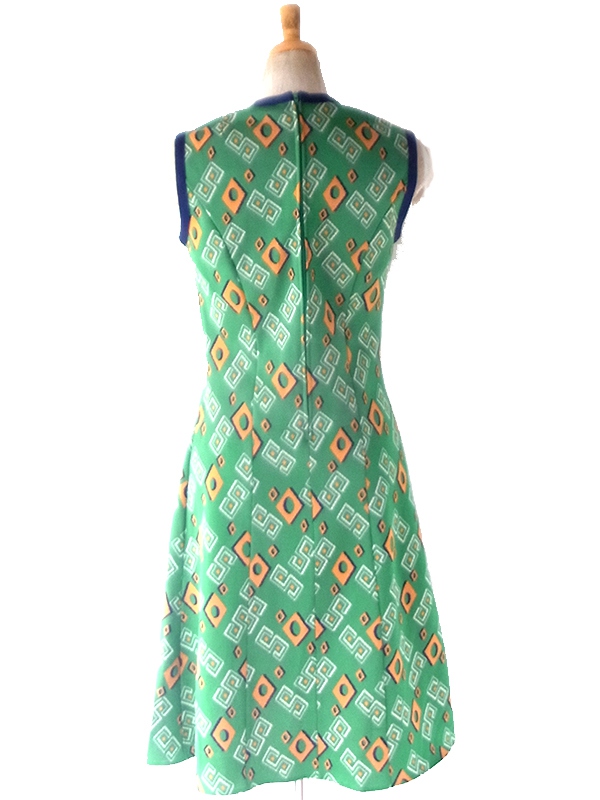 【送料無料】フランス買付け 70年代製 グリーン &times; イエロー 幾何学柄 ネイビーリブトリム ワンピース 26FC409【ヨーロッパ古着】