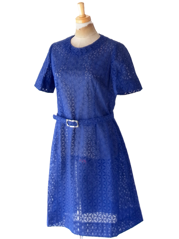 【送料無料】70年代製 ブルー × 花柄カットワークレース ベルト付き ヴィンテージ ワンピース 26ID021【レトロ古着】