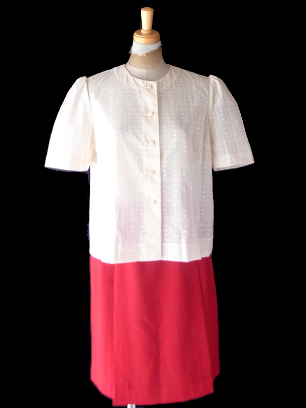 【レトロ古着】60年代製 アイボリー × 総刺繍 ノーカラー パフスリーブ ヴィンテージ ブラウス 26ID033【おとな古着】
