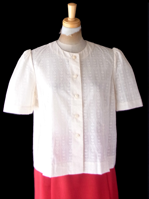 【レトロ古着】60年代製 アイボリー × 総刺繍 ノーカラー パフスリーブ ヴィンテージ ブラウス 26ID033【おとな古着】