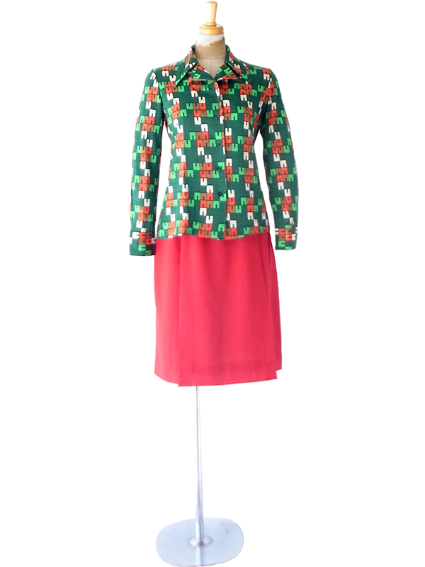 【レトロ古着】70s年代製 グリーン×オレンジ 幾何学グラフィック柄 長袖ブラウス 26ID054【おとなかわいい】