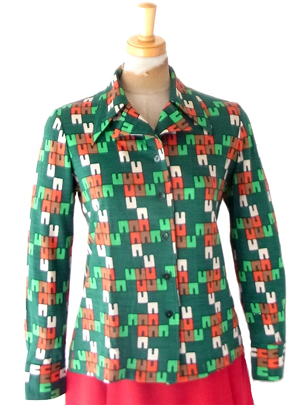 【レトロ古着】70s年代製 グリーン×オレンジ 幾何学グラフィック柄 長袖ブラウス 26ID054【おとなかわいい】