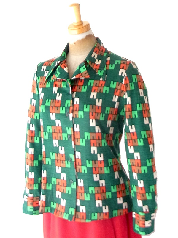 【レトロ古着】70s年代製 グリーン×オレンジ 幾何学グラフィック柄 長袖ブラウス 26ID054【おとなかわいい】