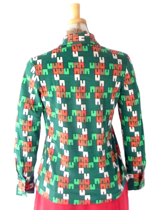 【レトロ古着】70s年代製 グリーン×オレンジ 幾何学グラフィック柄 長袖ブラウス 26ID054【おとなかわいい】