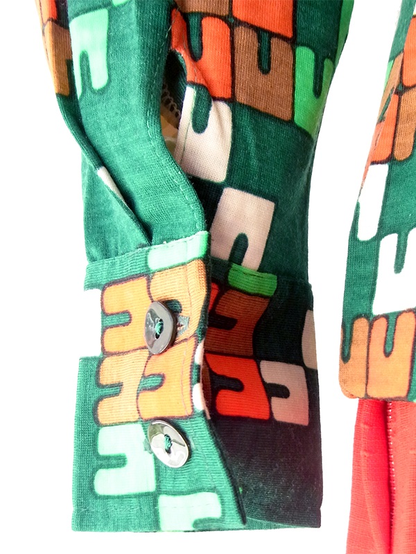 【レトロ古着】70s年代製 グリーン×オレンジ 幾何学グラフィック柄 長袖ブラウス 26ID054【おとなかわいい】