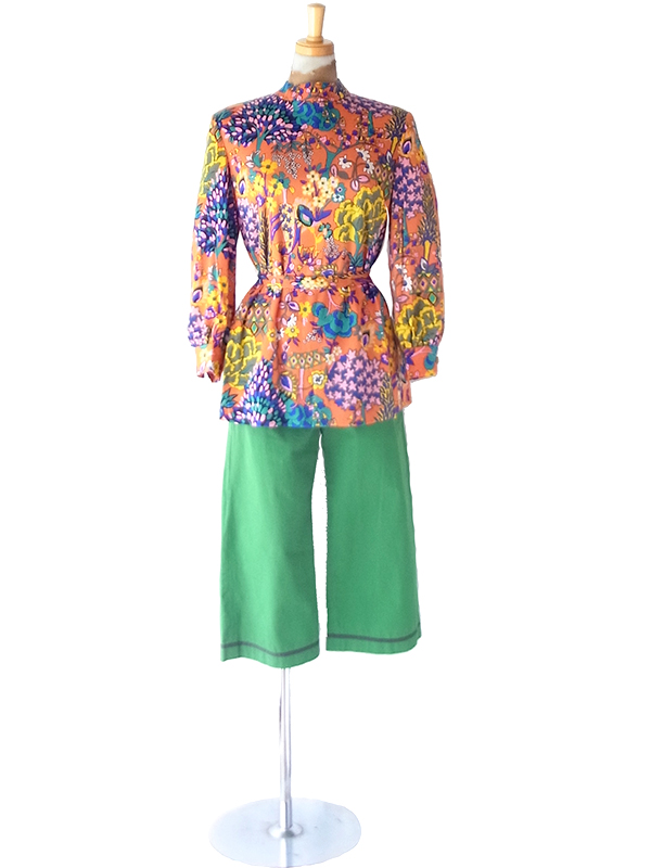 【レトロ古着】70年代製 オレンジ×サイケ花柄 スタンドカラー ヴィンテージ 長袖チュニック 26ID056【おとなかわいい】