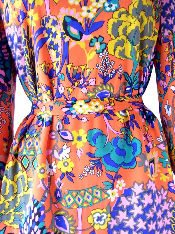 【レトロ古着】70年代製 オレンジ×サイケ花柄 スタンドカラー ヴィンテージ 長袖チュニック 26ID056【おとなかわいい】