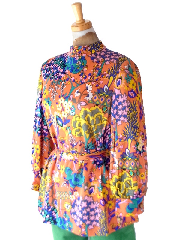 【レトロ古着】70年代製 オレンジ×サイケ花柄 スタンドカラー ヴィンテージ 長袖チュニック 26ID056【おとなかわいい】
