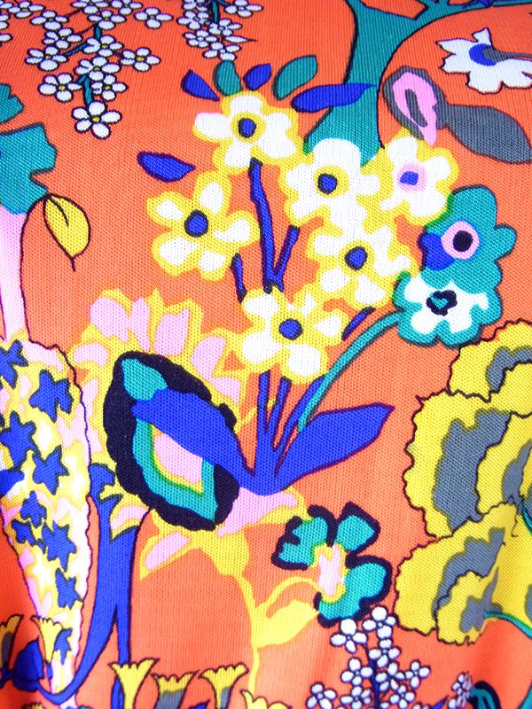 【レトロ古着】70年代製 オレンジ×サイケ花柄 スタンドカラー ヴィンテージ 長袖チュニック 26ID056【おとなかわいい】