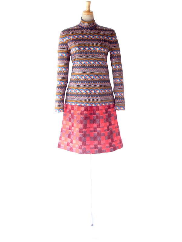 【レトロ古着】60年代製 レッド×グレー 立体織り ブロックチェック柄 ウール Aライン台形ミニスカート 26ID084【おとなかわいい】