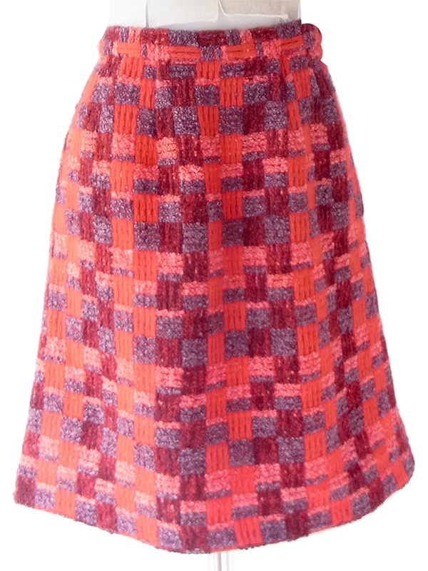 【レトロ古着】60年代製 レッド×グレー 立体織り ブロックチェック柄 ウール Aライン台形ミニスカート 26ID084【おとなかわいい】