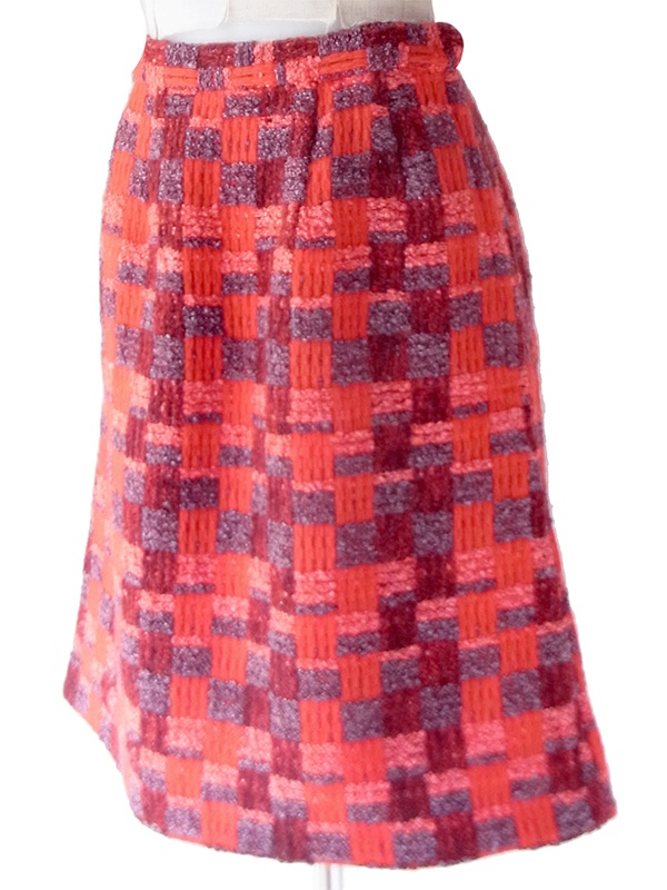 【レトロ古着】60年代製 レッド×グレー 立体織り ブロックチェック柄 ウール Aライン台形ミニスカート 26ID084【おとなかわいい】